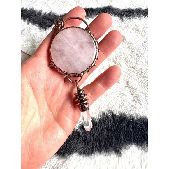 Divine LOVE Rose Quartz + CLear Quartz Point Serpent Snake Pendant Necklace - Picture 3 of 6